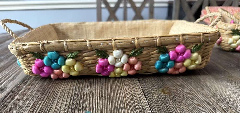 Vintage Casserole Dish Carrier Baskets Raffia With Flowers Set Of 3 Nesting